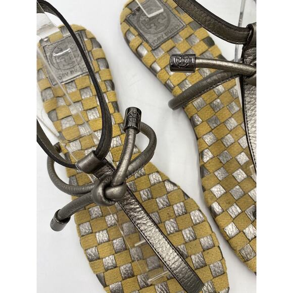 Tory Burch Leather Metallic Thong And Ankle Strap Sandals Sz 10.5M Brazil - Picture 4 of 12
